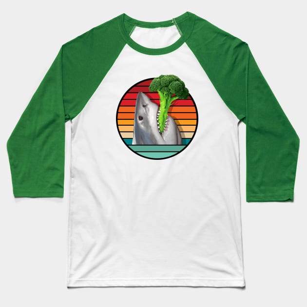 Shark Eating Broccoli in Retro Sunset Baseball T-Shirt by eBrushDesign